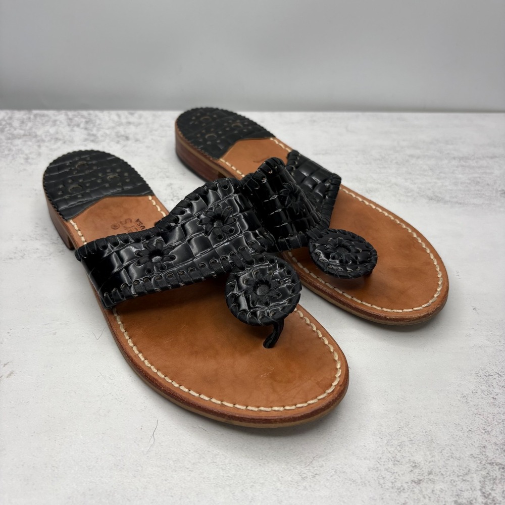Jack Rogers Jack Thong Sandals 6 Black Croc Embossed Patent Leather Beach Preppy
